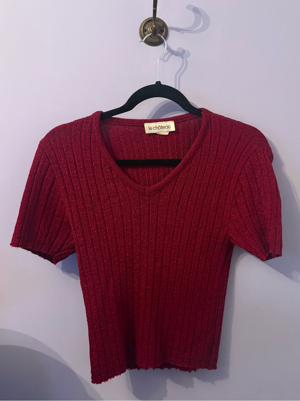 VINTAGE 90s le chateau Women's Ribbed Short-Sleeve V-Neck Top - Red